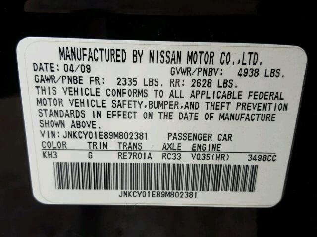 JNKCY01E89M802381 - 2009 INFINITI M35 BASE BLACK photo 10