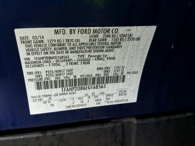 1FAHP2D86EG168563 - 2014 FORD TAURUS SE BLUE photo 10