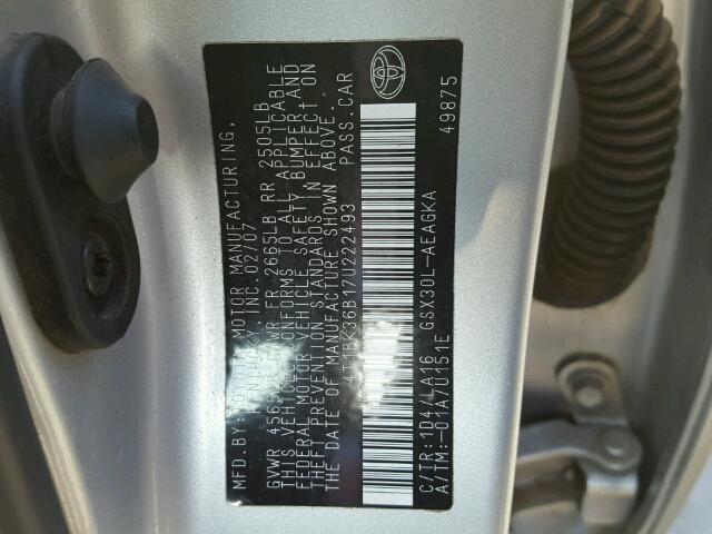 4T1BK36B17U222493 - 2007 TOYOTA AVALON XL SILVER photo 10