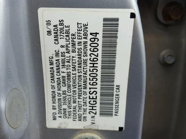 2HGES16505H626094 - 2005 HONDA CIVIC LX SILVER photo 10