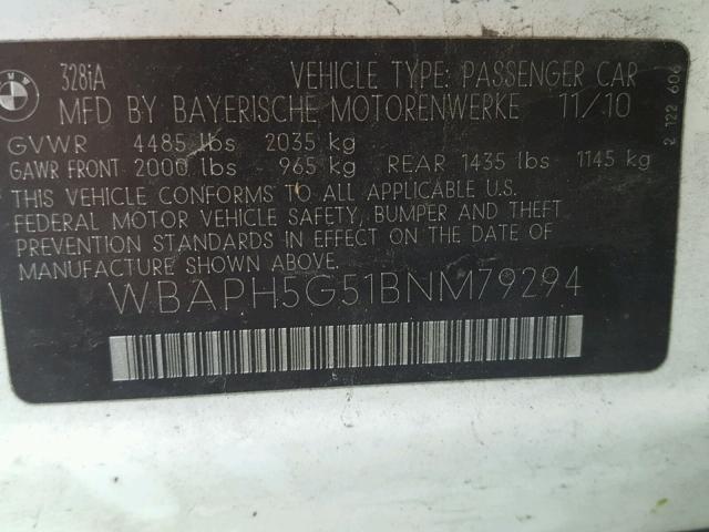 WBAPH5G51BNM79294 - 2011 BMW 328 I SULE WHITE photo 10