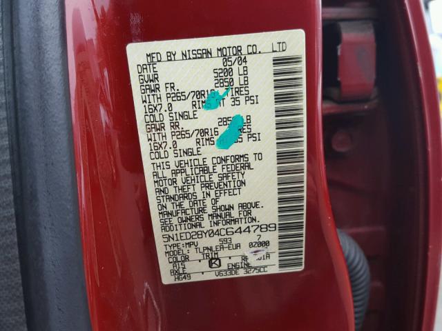 5N1ED28Y04C644789 - 2004 NISSAN XTERRA XE RED photo 10