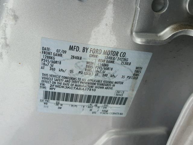 2FMDK3KC7ABA17510 - 2010 FORD EDGE LIMIT SILVER photo 10