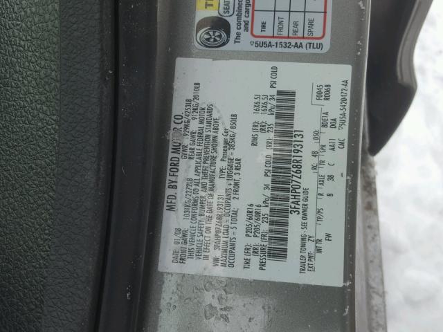 3FAHP07Z68R193131 - 2008 FORD FUSION SE SILVER photo 10