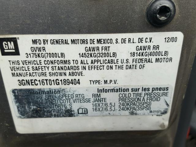 3GNEC16T01G189404 - 2001 CHEVROLET SUBURBAN C TAN photo 10