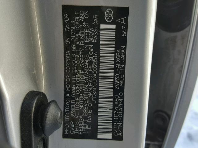 JTDKN3DU9A0020516 - 2010 TOYOTA PRIUS SILVER photo 10