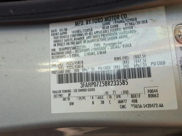 3FAHP07Z58R233585 - 2008 FORD FUSION SE SILVER photo 10