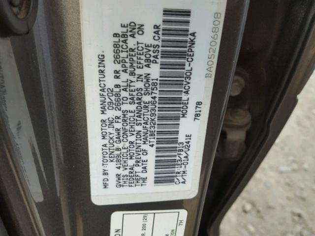 4T1BE32K93U647581 - 2003 TOYOTA CAMRY LE CHARCOAL photo 10