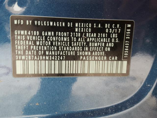 3VW2B7AJ9HM342247 - 2017 VOLKSWAGEN JETTA S 蓝色 照片 10