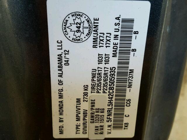 5FNRL5H42CB505935 - 2012 HONDA ODYSSEY EX GRAY photo 10