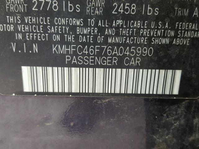 KMHFC46F76A045990 - 2006 HYUNDAI AZERA SE PURPLE photo 10