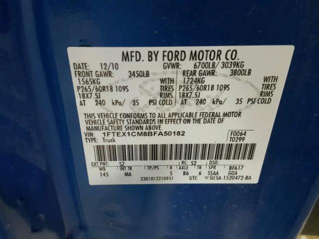 1FTEX1CM8BFA50182 - 2011 FORD F150 SUPER BLUE photo 10