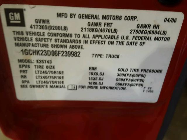 1GCHK23D06F239982 - 2006 CHEVROLET SILVERADO RED photo 10