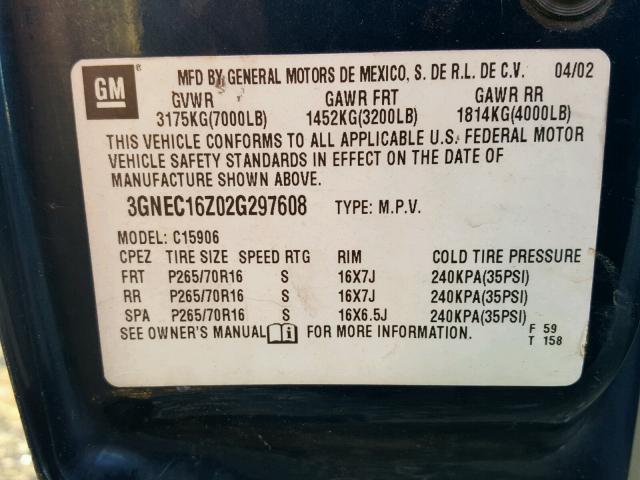 3GNEC16Z02G297608 - 2002 CHEVROLET SUBURBAN C BLUE photo 10