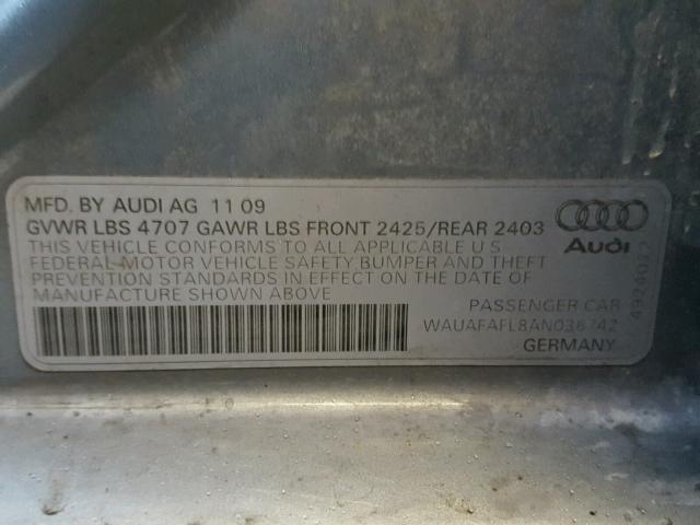 WAUAFAFL8AN036742 - 2010 AUDI A4 PREMIUM GRAY photo 10