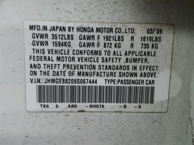 JHMGE88209S067444 - 2009 HONDA FIT WHITE photo 10