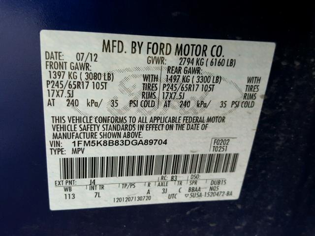 1FM5K8B83DGA89704 - 2013 FORD EXPLORER BLUE photo 10