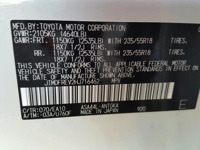 JTMDFREV2HJ716462 - 2017 TOYOTA RAV4 LIMIT WHITE photo 10