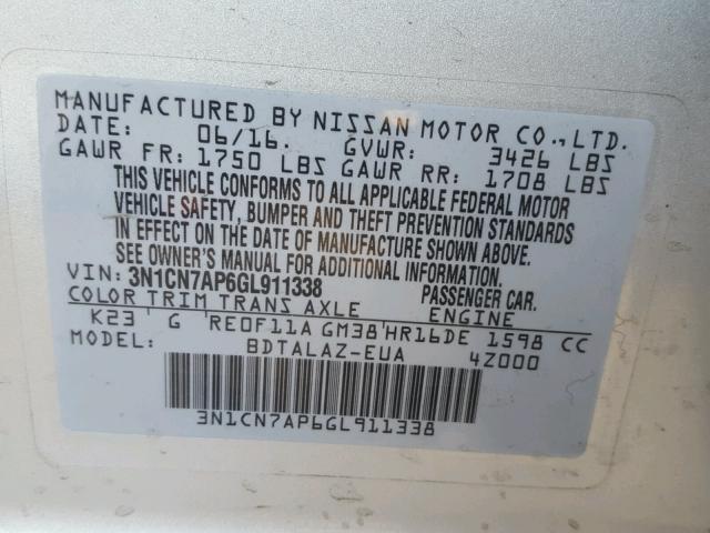 3N1CN7AP6GL911338 - 2016 NISSAN VERSA S SILVER photo 10