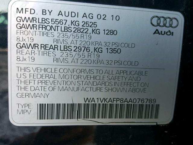 WA1VKAFP8AA076789 - 2010 AUDI Q5 PRESTIG BLUE photo 10