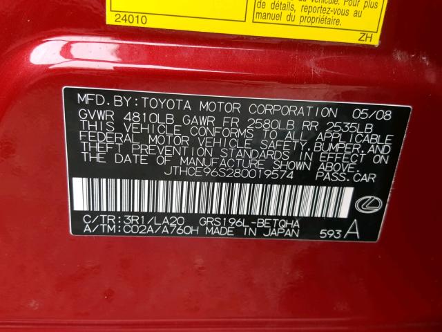 JTHCE96S280019574 - 2008 LEXUS GS 350 RED photo 10