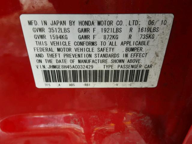 JHMGE8H45AC032429 - 2010 HONDA FIT SPORT RED photo 10