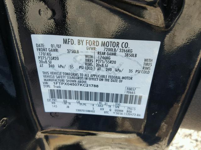 1FTPX04507KC21788 - 2007 FORD F150 BLACK photo 10