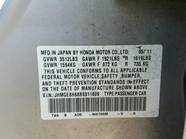 JHMGE8H68BS011809 - 2011 HONDA FIT SPORT SILVER photo 10