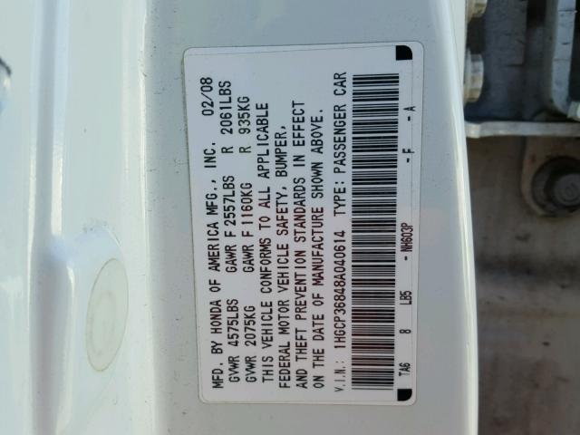 1HGCP36848A040614 - 2008 HONDA ACCORD EXL WHITE photo 10