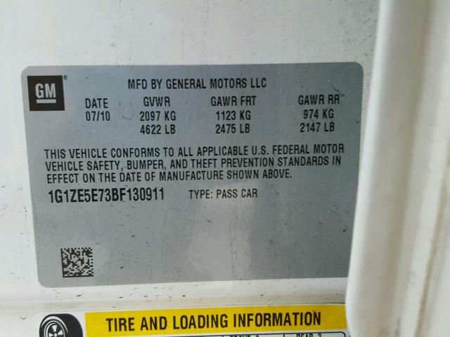 1G1ZE5E73BF130911 - 2011 CHEVROLET MALIBU LTZ თეთრი ფოტო 10