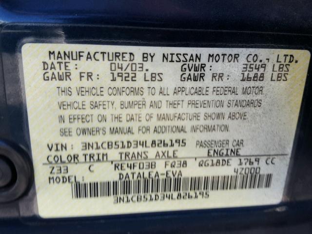 3N1CB51D34L826195 - 2004 NISSAN SENTRA 1.8 GREEN photo 10