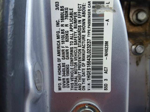 1HGES16643L023237 - 2003 HONDA CIVIC LX SILVER photo 10