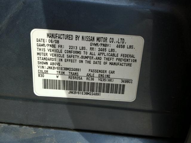 JNKBV61E38M224891 - 2008 INFINITI G35 BLUE photo 10