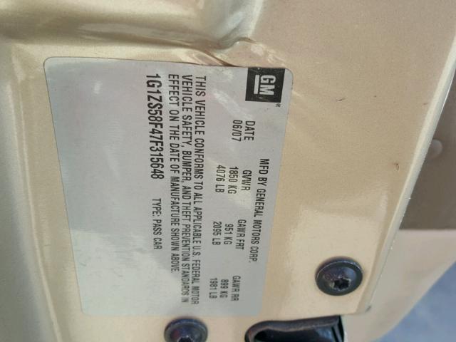 1G1ZS58F47F315648 - 2007 CHEVROLET MALIBU LS GOLD photo 10