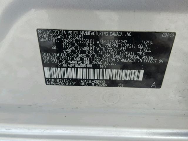 2T3BF4DV1BW085188 - 2011 TOYOTA RAV4 SILVER photo 10