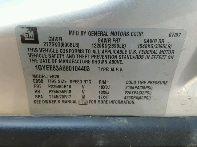 1GYEE63A880104403 - 2008 CADILLAC SRX SILVER photo 10