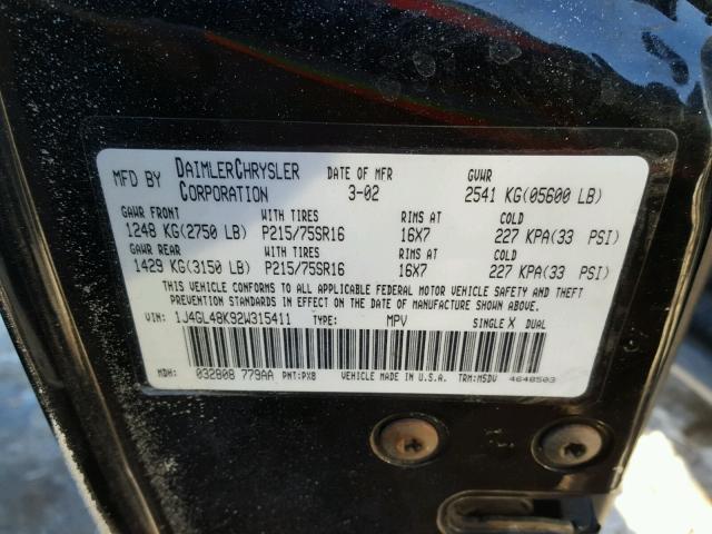 1J4GL48K92W315411 - 2002 JEEP LIBERTY SP BLACK photo 10