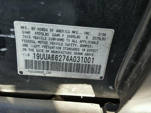 19UUA66274A031001 - 2004 ACURA TL BLACK photo 10