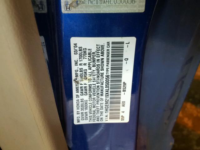 1HGEM219X4L050056 - 2004 HONDA CIVIC EX BLUE photo 10