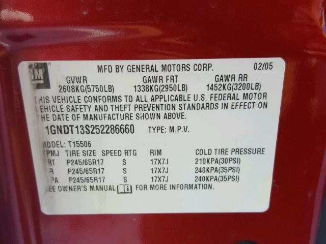 1GNDT13S252286660 - 2005 CHEVROLET TRAILBLAZE RED photo 10