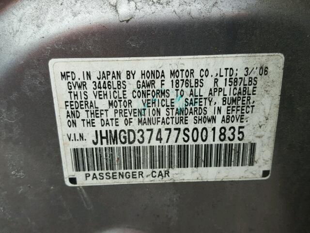 JHMGD37477S001835 - 2007 HONDA FIT SILVER photo 10