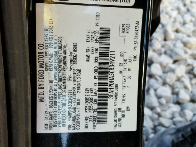 3FAHP0HA5CR349211 - 2012 FORD FUSION SE BLACK photo 10