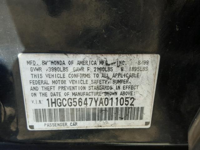 1HGCG5647YA011052 - 2000 HONDA ACCORD LX BLACK photo 10