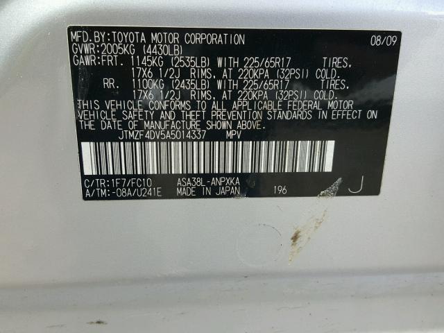 JTMZF4DV5A5014337 - 2010 TOYOTA RAV4 SILVER photo 10