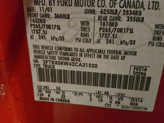 2FTRX08W42CA31520 - 2002 FORD F150 RED photo 10