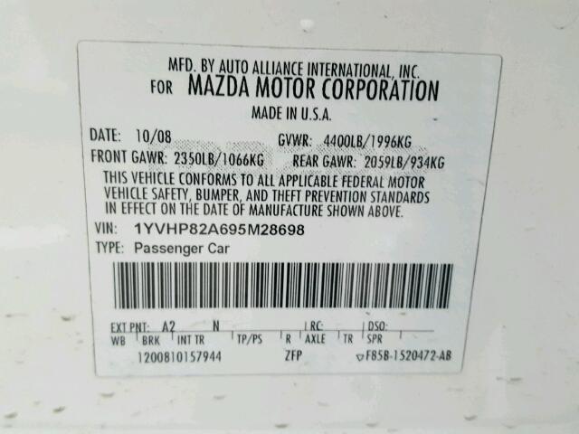 1YVHP82A695M28698 - 2009 MAZDA 6 I Biały zdjęcie 10