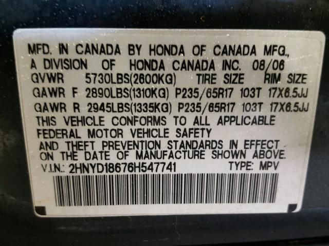 2HNYD18676H547741 - 2006 ACURA MDX TOURIN GRAY photo 10