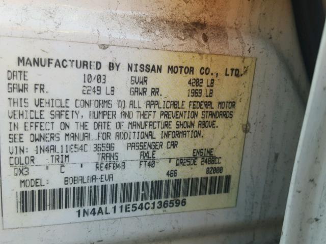 1N4AL11E54C136596 - 2004 NISSAN ALTIMA BAS WHITE photo 10