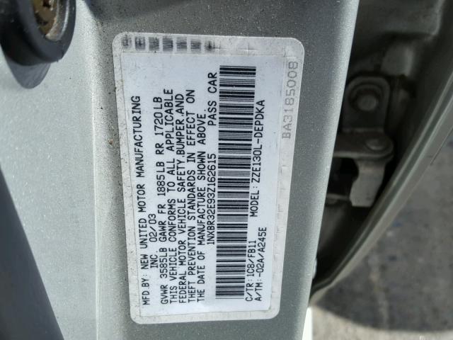 1NXBR32E93Z162615 - 2003 TOYOTA COROLLA CE SILVER photo 10