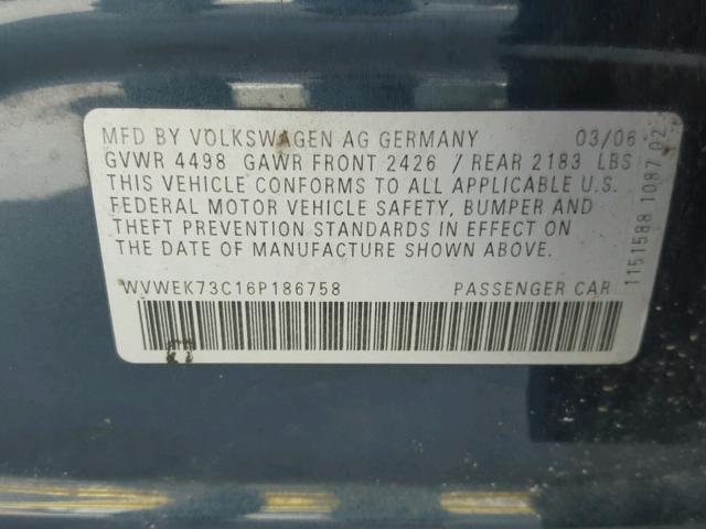 WVWEK73C16P186758 - 2006 VOLKSWAGEN PASSAT 2.0 BLUE photo 10